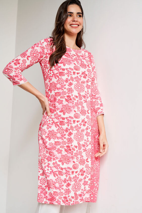 Pink Floral Straight Kurta, Pink, image 3